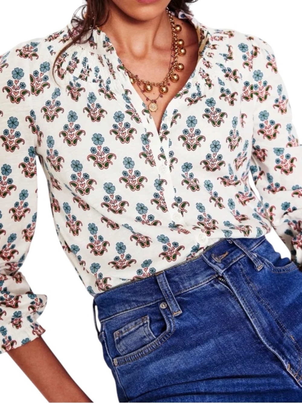 Boden Fay Floral Smock Blouse White Pink Green Print Top Women’s US 14